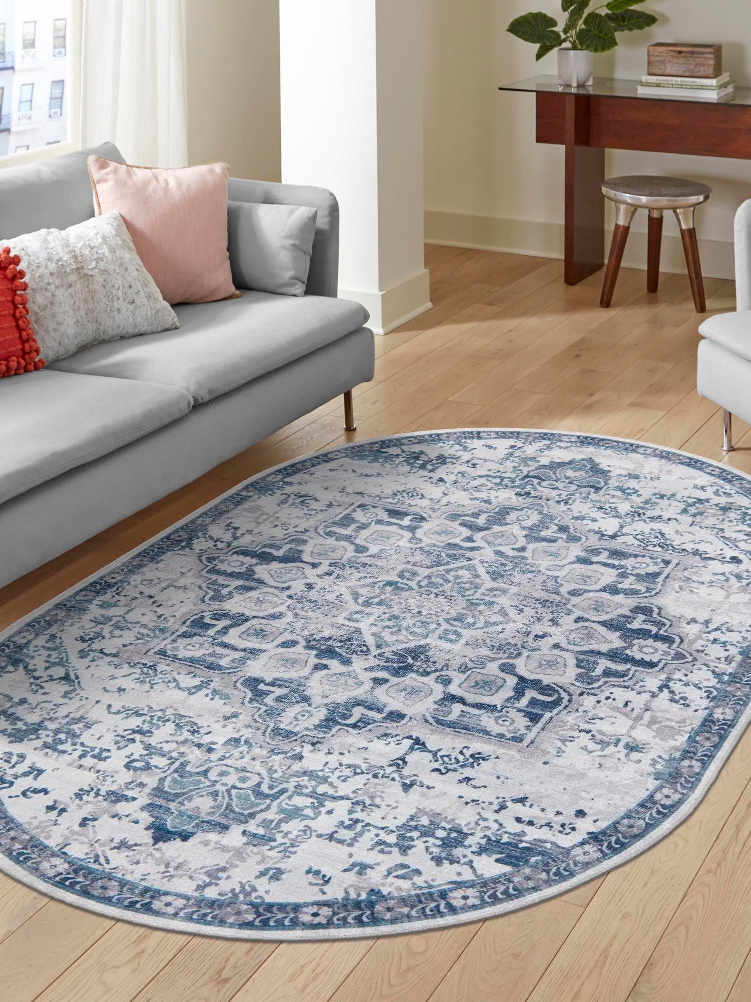 Washable Gray Blue 3' 11 x 6' 1 Renaissance Oval Area Rug Easy to Clean Stain Resistant & Durable Colorful Distressed Vintage Carpet for Sale at Rug Engine