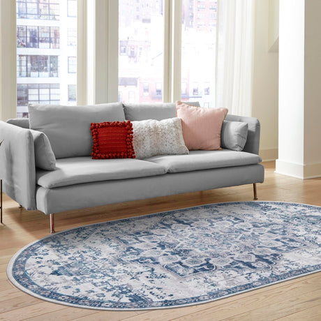 Washable Gray Blue 5' 3 x 8' Renaissance Oval Area Rug Easy to Clean Stain Resistant & Durable Colorful Distressed Vintage Carpet for Sale at Rug Engine