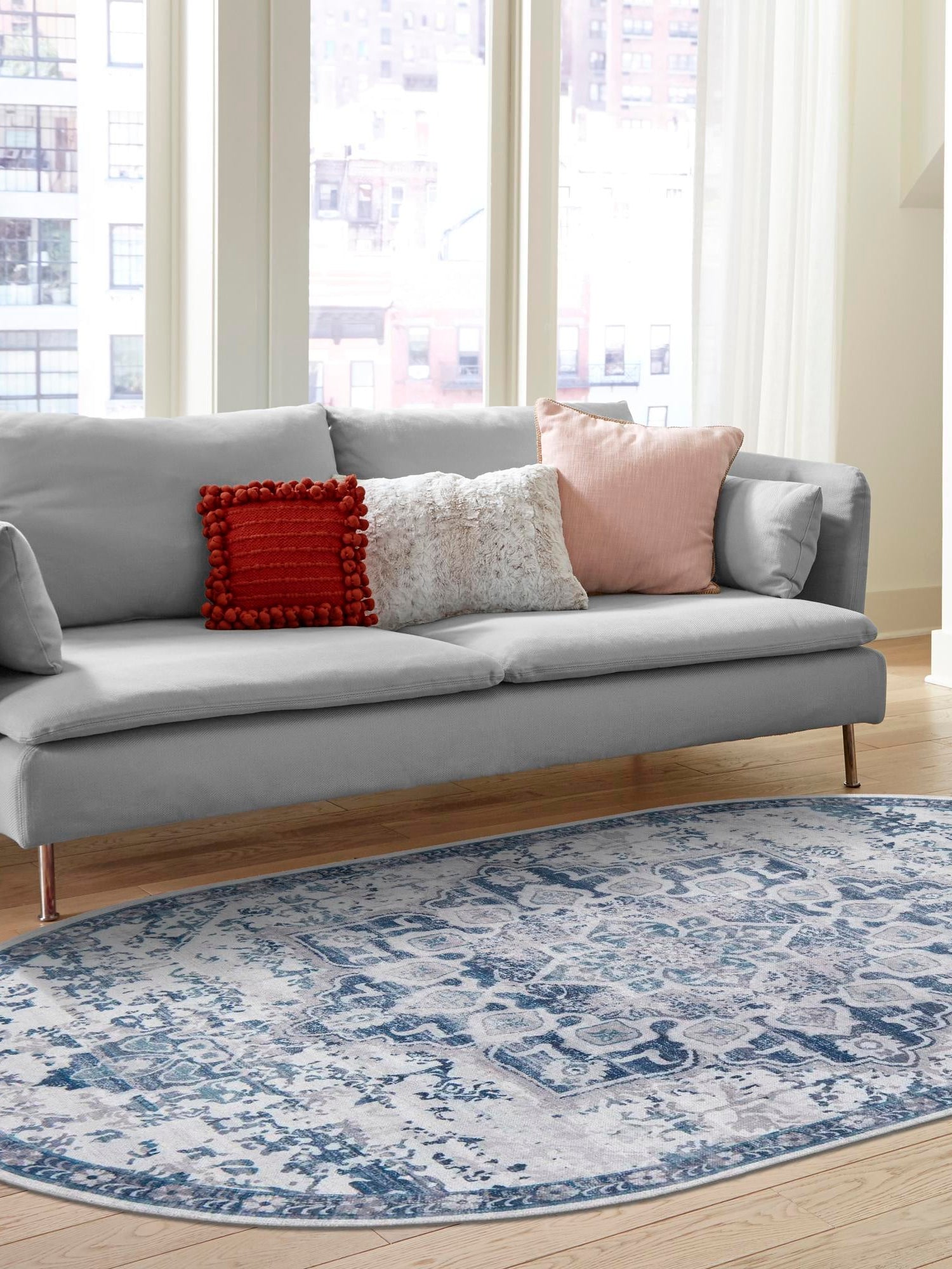 Washable Gray Blue 3' 3 x 5' 3 Renaissance Oval Area Rug Easy to Clean Stain Resistant & Durable Colorful Distressed Vintage Carpet for Sale at Rug Engine