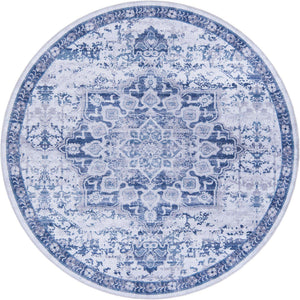 Washable Gray Blue 5' 11 x 5' 11 Renaissance Round Area Rug Easy to Clean Stain Resistant & Durable Colorful Distressed Vintage Carpet for Sale at Rug Engine