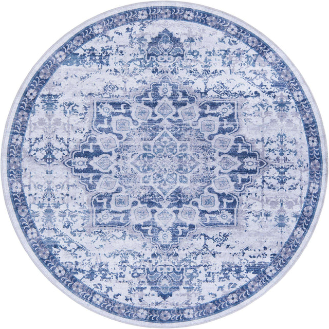 Washable Gray Blue 5' 11 x 5' 11 Renaissance Round Area Rug Easy to Clean Stain Resistant & Durable Colorful Distressed Vintage Carpet for Sale at Rug Engine