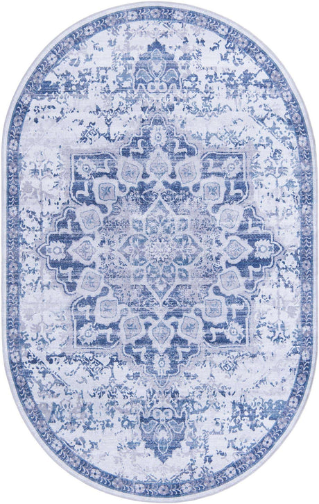 Washable Gray Blue 5' 11 x 9' Renaissance Oval Area Rug Easy to Clean Stain Resistant & Durable Colorful Distressed Vintage Carpet for Sale at Rug Engine
