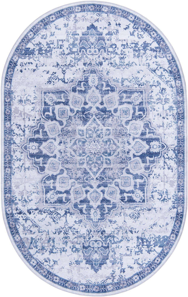 Washable Gray Blue 5' 11 x 9' Renaissance Oval Area Rug Easy to Clean Stain Resistant & Durable Colorful Distressed Vintage Carpet for Sale at Rug Engine