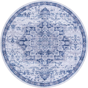 Washable Gray Blue 7' 10 x 7' 10 Renaissance Round Area Rug Easy to Clean Stain Resistant & Durable Colorful Distressed Vintage Carpet for Sale at Rug Engine