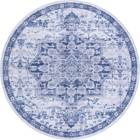 Washable Gray Blue 7' 10 x 7' 10 Renaissance Round Area Rug Easy to Clean Stain Resistant & Durable Colorful Distressed Vintage Carpet for Sale at Rug Engine
