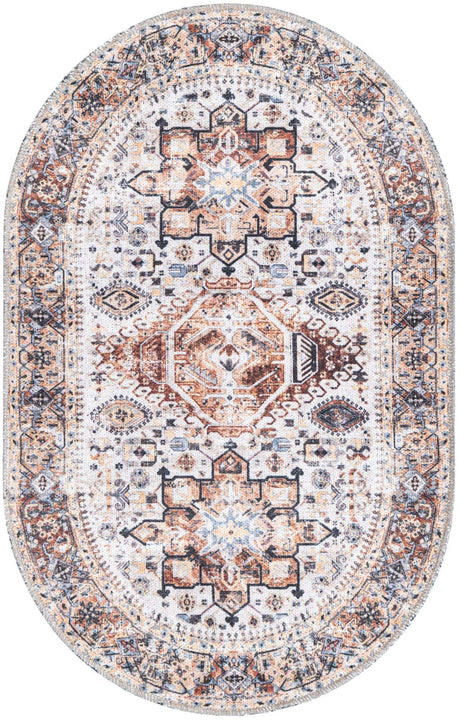 Washable Ivory Almond 2' x 3' 1 Yara Oval Area Rug Easy to Clean Stain Resistant & Durable Polyester & Chenille Carpet for Sale at Rug Engine