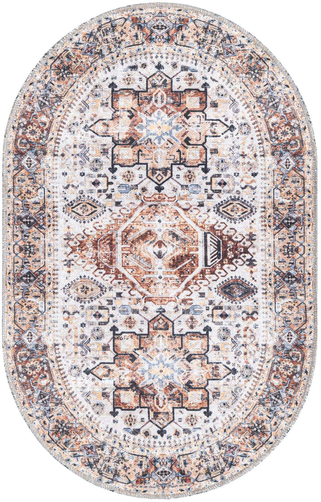 Washable Ivory Almond 2' x 3' 1 Yara Oval Area Rug Easy to Clean Stain Resistant & Durable Polyester & Chenille Carpet for Sale at Rug Engine