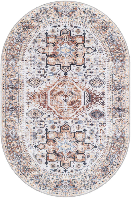 Washable Ivory Almond 4' 1 x 6' 1 Yara Oval Area Rug Easy to Clean Stain Resistant & Durable Polyester & Chenille Carpet for Sale at Rug Engine