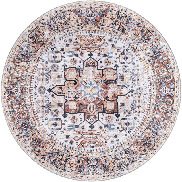 Washable Ivory Almond 5' 3 x 5' 3 Yara Round Area Rug Easy to Clean Stain Resistant & Durable Polyester & Chenille Carpet for Sale at Rug Engine