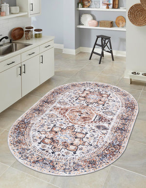 Washable Ivory Almond 4' 1 x 6' 1 Yara Oval Area Rug Easy to Clean Stain Resistant & Durable Polyester & Chenille Carpet for Sale at Rug Engine