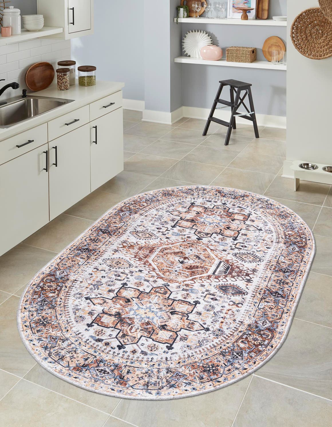 Washable Ivory Almond 5' 3 x 8' Yara Oval Area Rug Easy to Clean Stain Resistant & Durable