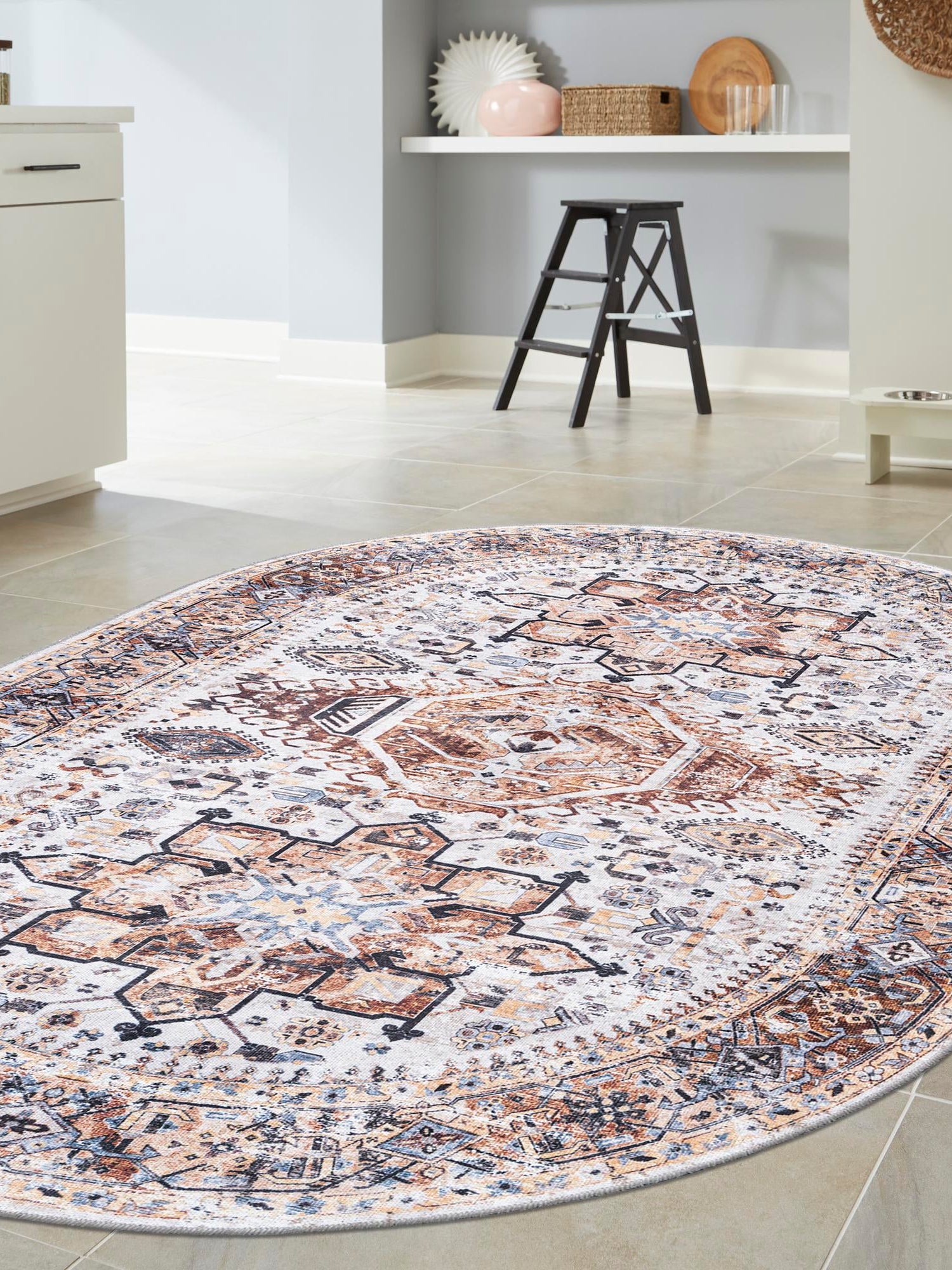 Washable Ivory Almond 6' 1 x 9' Yara Oval Area Rug Easy to Clean Stain Resistant & Durable Polyester & Chenille Carpet for Sale at Rug Engine