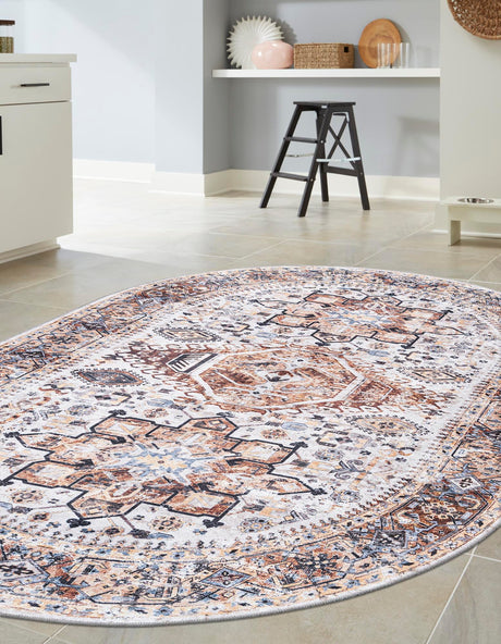 Washable Ivory Almond 5' 3 x 8' Yara Oval Area Rug Easy to Clean Stain Resistant & Durable