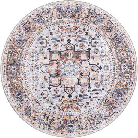 Washable Ivory Almond 7' 1 x 7' 1 Yara Round Area Rug Easy to Clean Stain Resistant & Durable Polyester & Chenille Carpet for Sale at Rug Engine