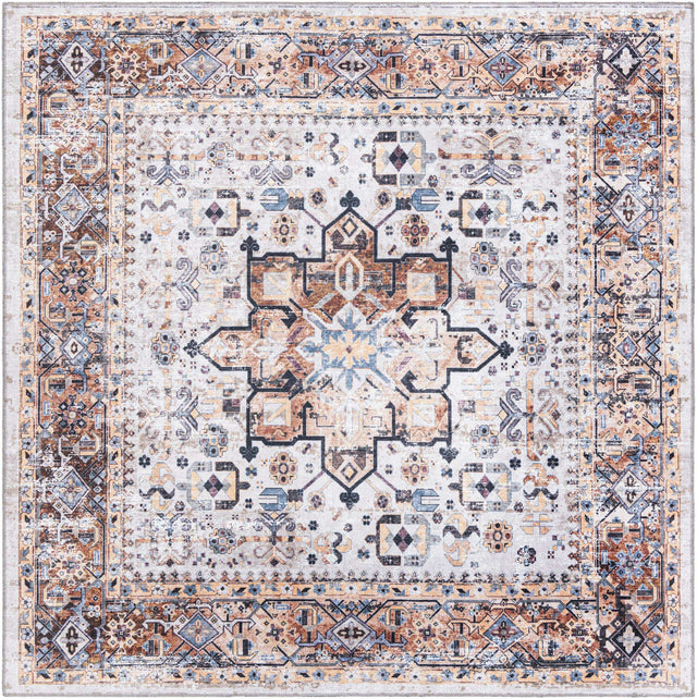 Washable Ivory Almond 7' 1 x 7' 1 Yara Square Area Rug Easy to Clean Stain Resistant & Durable Polyester & Chenille Carpet for Sale at Rug Engine