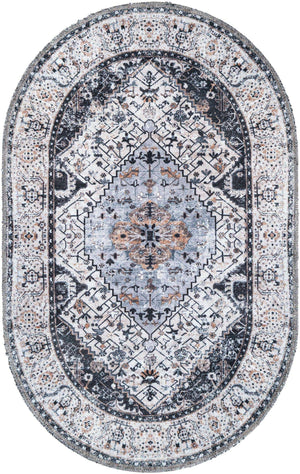 Washable Linen Charcoal 2' x 3' 1 Yara Oval Area Rug Easy to Clean Stain Resistant & Durable Polyester & Chenille Carpet for Sale at Rug Engine