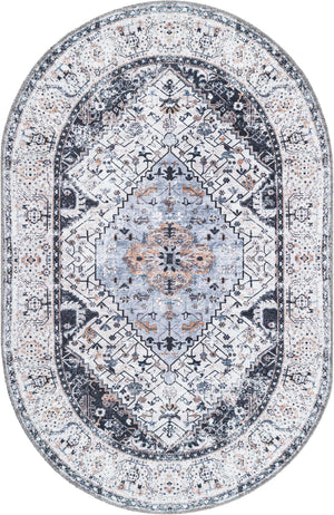 Washable Linen Charcoal 4' 1 x 6' 1 Yara Oval Area Rug Easy to Clean Stain Resistant & Durable Polyester & Chenille Carpet for Sale at Rug Engine