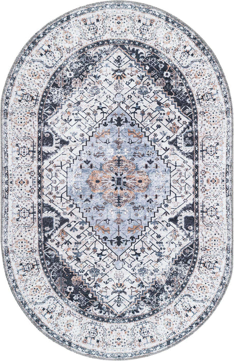 Washable Linen Charcoal 4' 1 x 6' 1 Yara Oval Area Rug Easy to Clean Stain Resistant & Durable Polyester & Chenille Carpet for Sale at Rug Engine