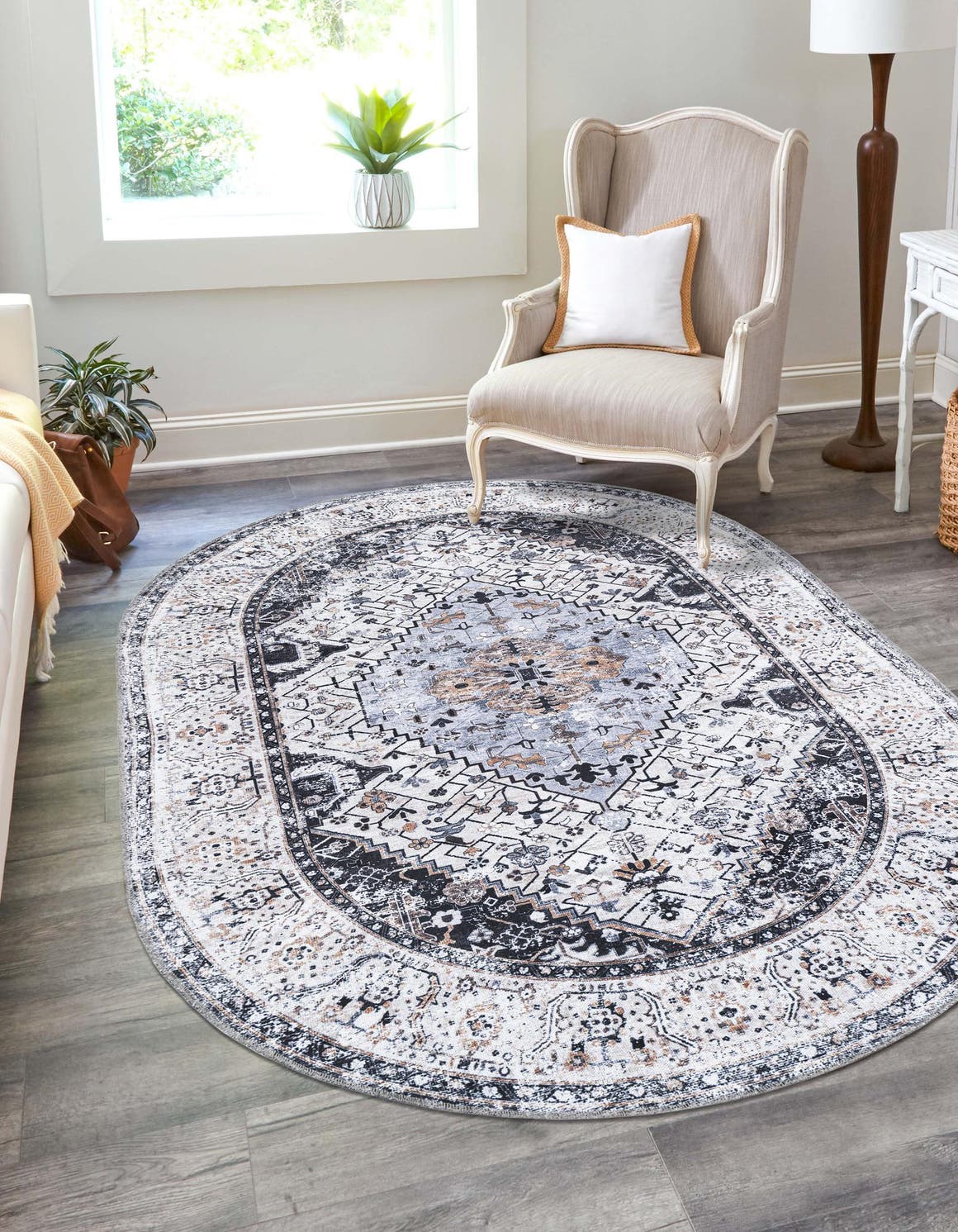 Washable Linen Charcoal 2' x 3' 1 Yara Oval Area Rug Easy to Clean Stain Resistant & Durable Polyester & Chenille Carpet for Sale at Rug Engine