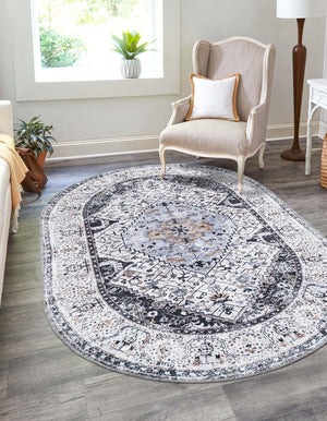 Washable Linen Charcoal 2' x 3' 1 Yara Oval Area Rug Easy to Clean Stain Resistant & Durable Polyester & Chenille Carpet for Sale at Rug Engine
