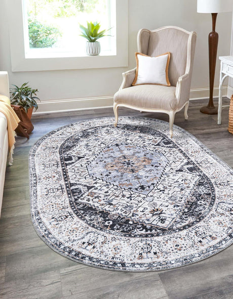 Washable Linen Charcoal 4' 1 x 6' 1 Yara Oval Area Rug Easy to Clean Stain Resistant & Durable Polyester & Chenille Carpet for Sale at Rug Engine