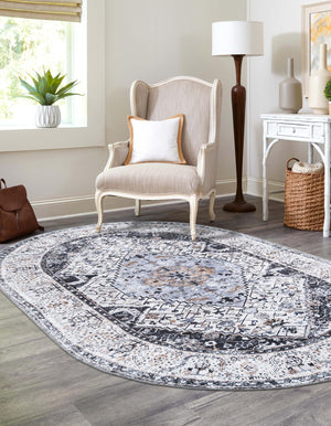 Washable Linen Charcoal 7' 10 x 10' Yara Oval Area Rug Easy to Clean Stain Resistant & Durable Polyester & Chenille Carpet for Sale at Rug Engine