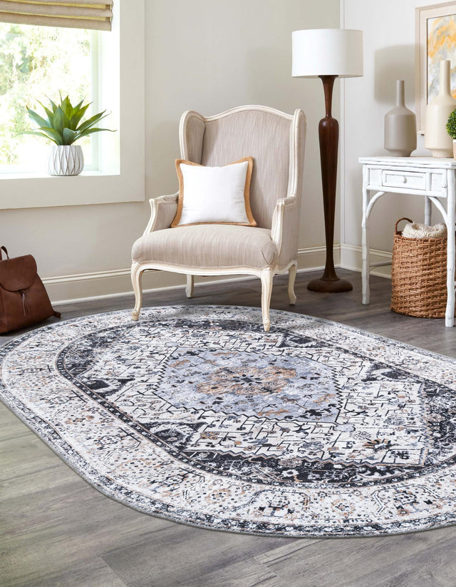 Washable Linen Charcoal 7' 10 x 10' Yara Oval Area Rug Easy to Clean Stain Resistant & Durable Polyester & Chenille Carpet for Sale at Rug Engine