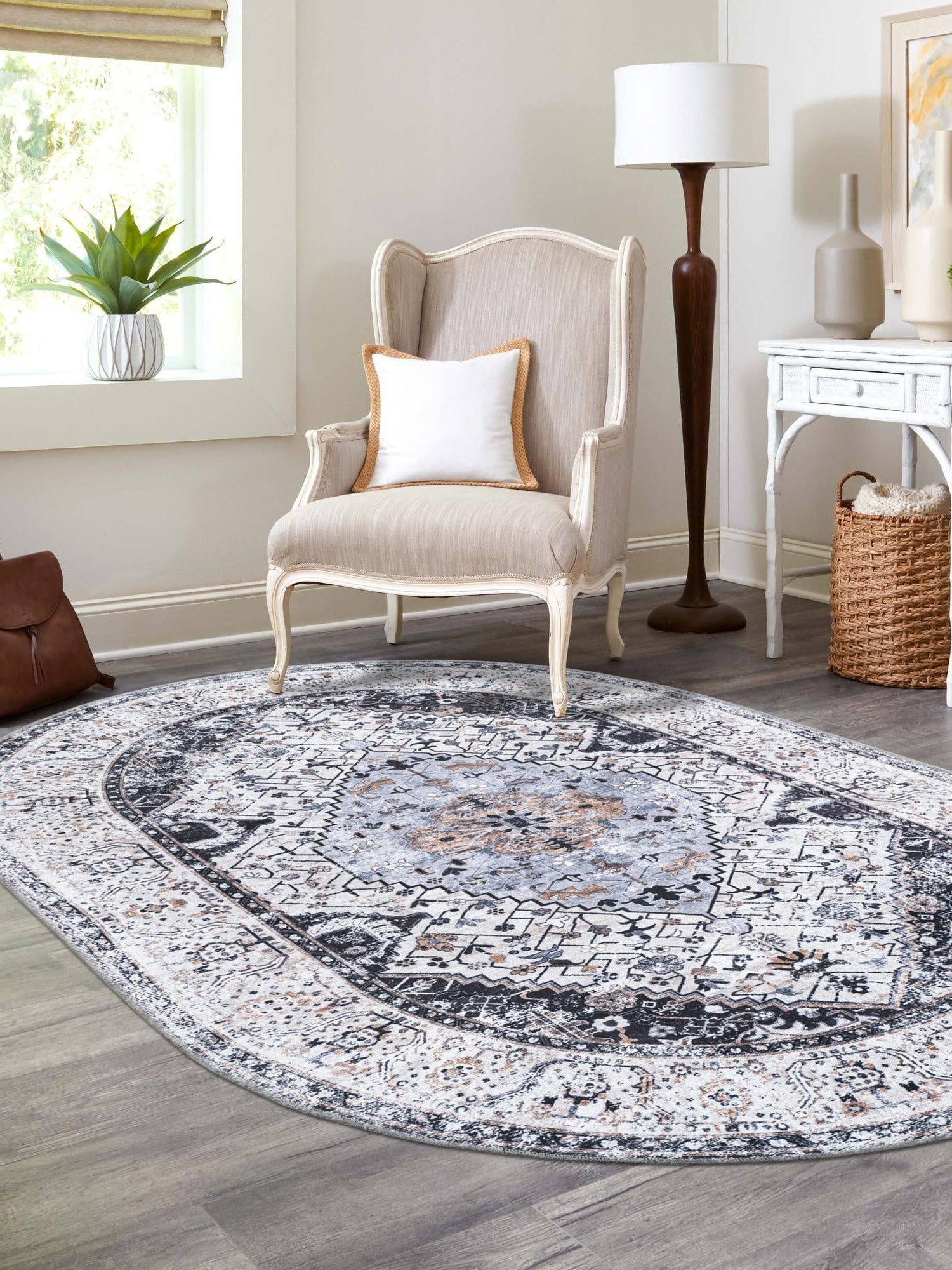 Washable Linen Charcoal 2' x 3' 1 Yara Oval Area Rug Easy to Clean Stain Resistant & Durable Polyester & Chenille Carpet for Sale at Rug Engine
