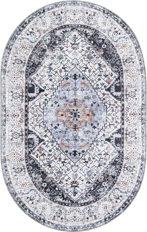 Washable Linen Charcoal 5' 3 x 8' Yara Oval Area Rug Easy to Clean Stain Resistant & Durable Polyester & Chenille Carpet for Sale at Rug Engine