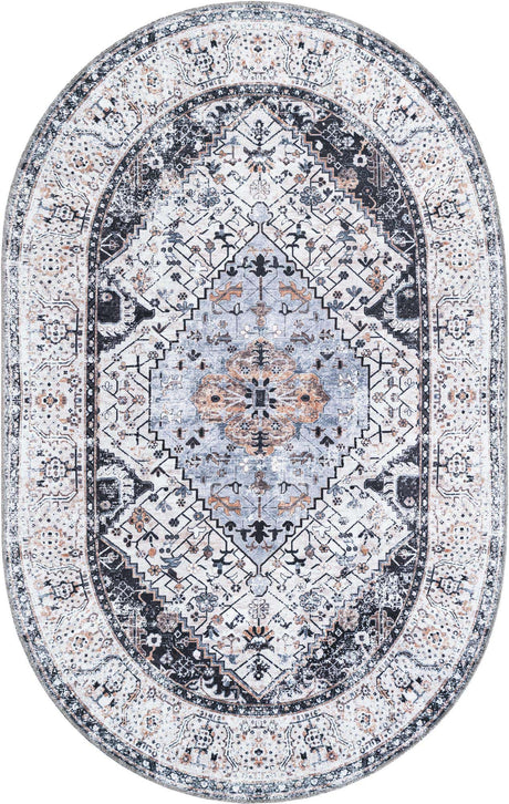 Washable Linen Charcoal 5' 3 x 8' Yara Oval Area Rug Easy to Clean Stain Resistant & Durable Polyester & Chenille Carpet for Sale at Rug Engine