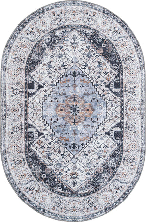 Washable Linen Charcoal 6' 1 x 9' Yara Oval Area Rug Easy to Clean Stain Resistant & Durable Polyester & Chenille Carpet for Sale at Rug Engine