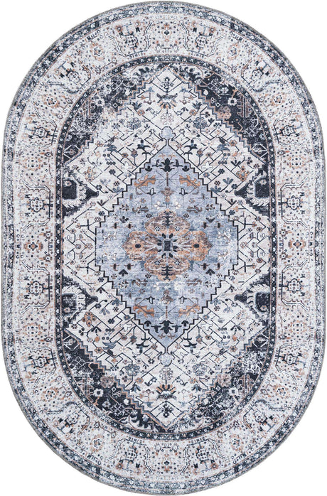 Washable Linen Charcoal 6' 1 x 9' Yara Oval Area Rug Easy to Clean Stain Resistant & Durable Polyester & Chenille Carpet for Sale at Rug Engine