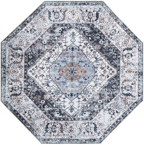 Washable Linen Charcoal 7' 1 x 7' 1 Yara Octagon Area Rug Easy to Clean Stain Resistant & Durable Polyester & Chenille Carpet for Sale at Rug Engine