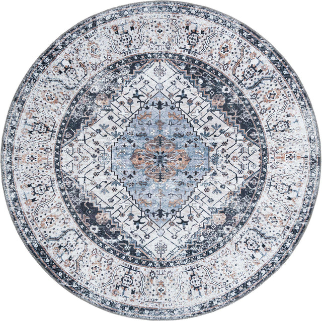 Washable Linen Charcoal 7' 1 x 7' 1 Yara Round Area Rug Easy to Clean Stain Resistant & Durable Polyester & Chenille Carpet for Sale at Rug Engine