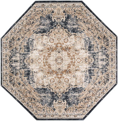 Dark Blue 7' 1 x 7' 1 Chateau Octagon Area Rug 85% Polypropylene & 15% Chenille With Cotton Backing Traditional Vintage Distressed Carpet for Classical Interior Design Decorating for Sale at Rug Engine