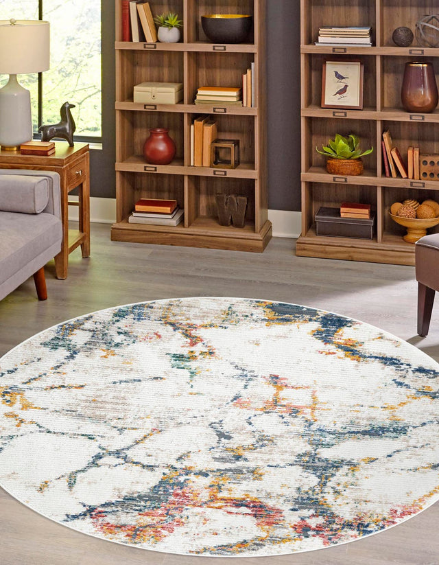White Navy 7' 3 x 7' 3 Gemstone Round Area Rug Polypropylene Contemporary Carpet Easy Clean Stain Resistant for Home Design Decorating for Sale at Rug Engine