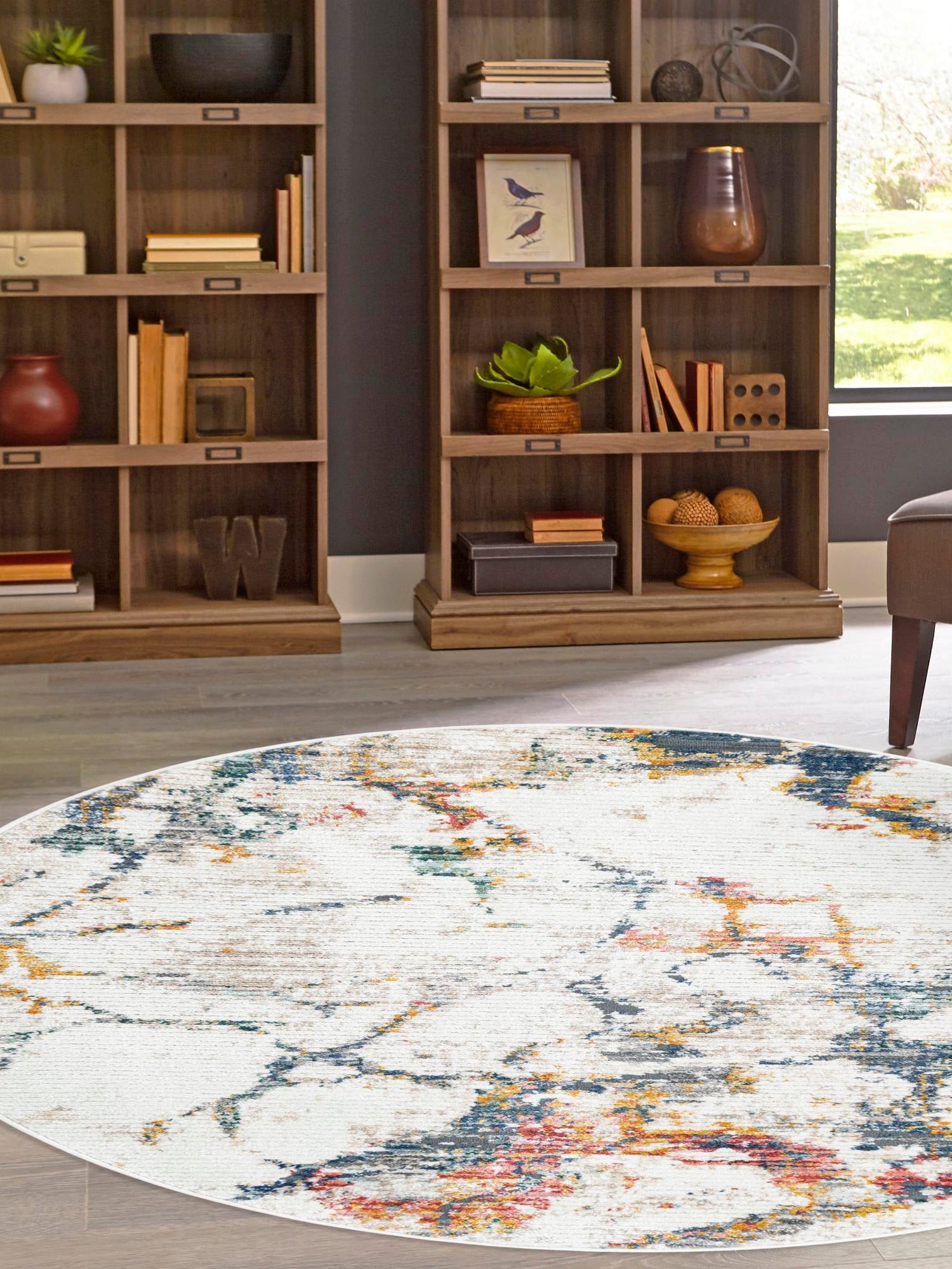 White Navy 5' 3 x 5' 3 Gemstone Round Area Rug Polypropylene Contemporary Carpet Easy Clean Stain Resistant for Home Design Decorating for Sale at Rug Engine