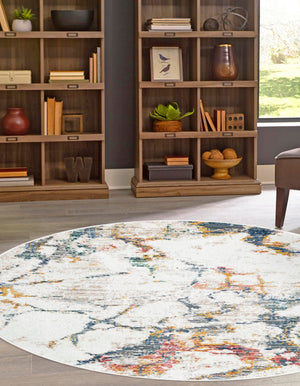 White Navy 7' 3 x 7' 3 Gemstone Round Area Rug Polypropylene Contemporary Carpet Easy Clean Stain Resistant for Home Design Decorating for Sale at Rug Engine