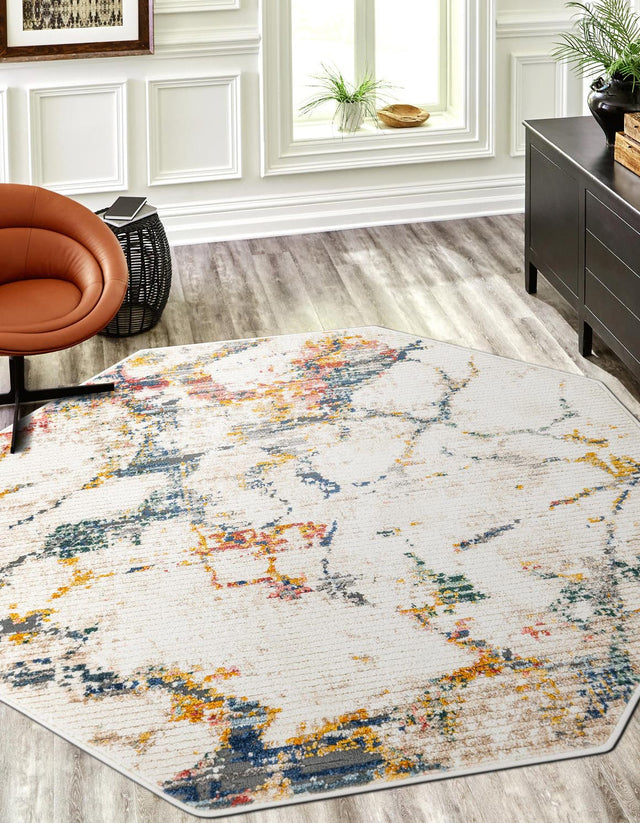 White Navy 4' 1 x 4' 1 Gemstone Octagon Area Rug Polypropylene Contemporary Carpet Easy Clean Stain Resistant for Home Design Decorating for Sale at Rug Engine
