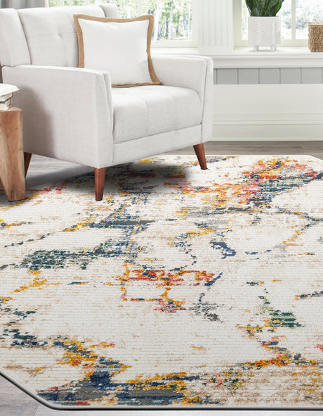 White Navy 4' 1 x 4' 1 Gemstone Octagon Area Rug Polypropylene Contemporary Carpet Easy Clean Stain Resistant for Home Design Decorating for Sale at Rug Engine