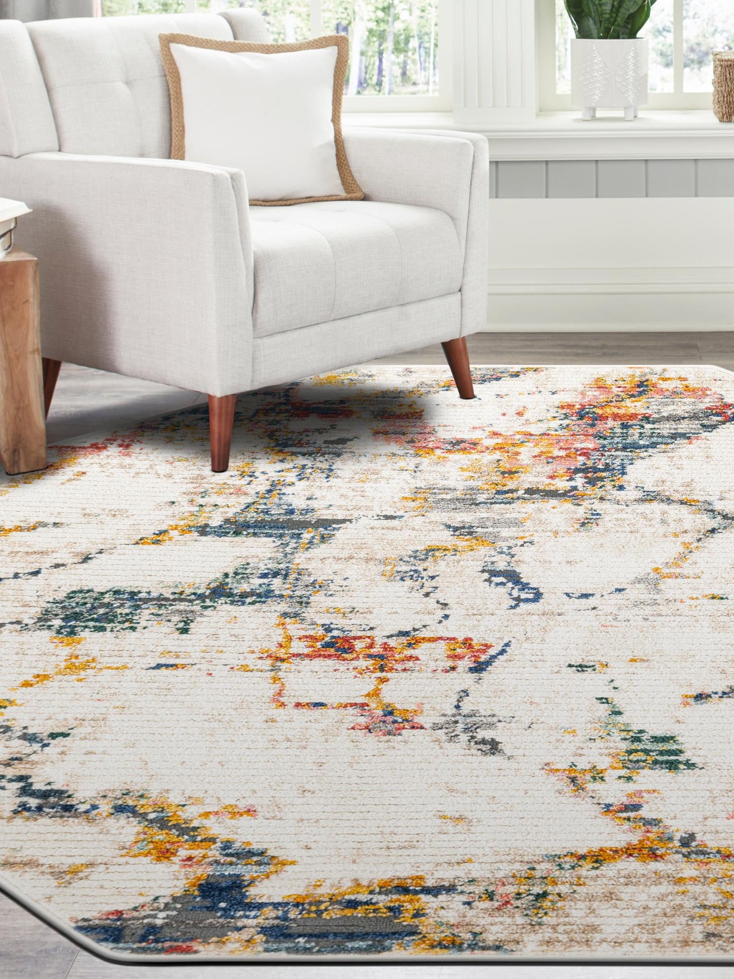 White Navy 7' 3 x 7' 3 Gemstone Octagon Area Rug Polypropylene Contemporary Carpet Easy Clean Stain Resistant for Home Design Decorating for Sale at Rug Engine