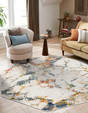 White Navy 4' 1 x 4' 1 Gemstone Octagon Area Rug Polypropylene Contemporary Carpet Easy Clean Stain Resistant for Home Design Decorating for Sale at Rug Engine