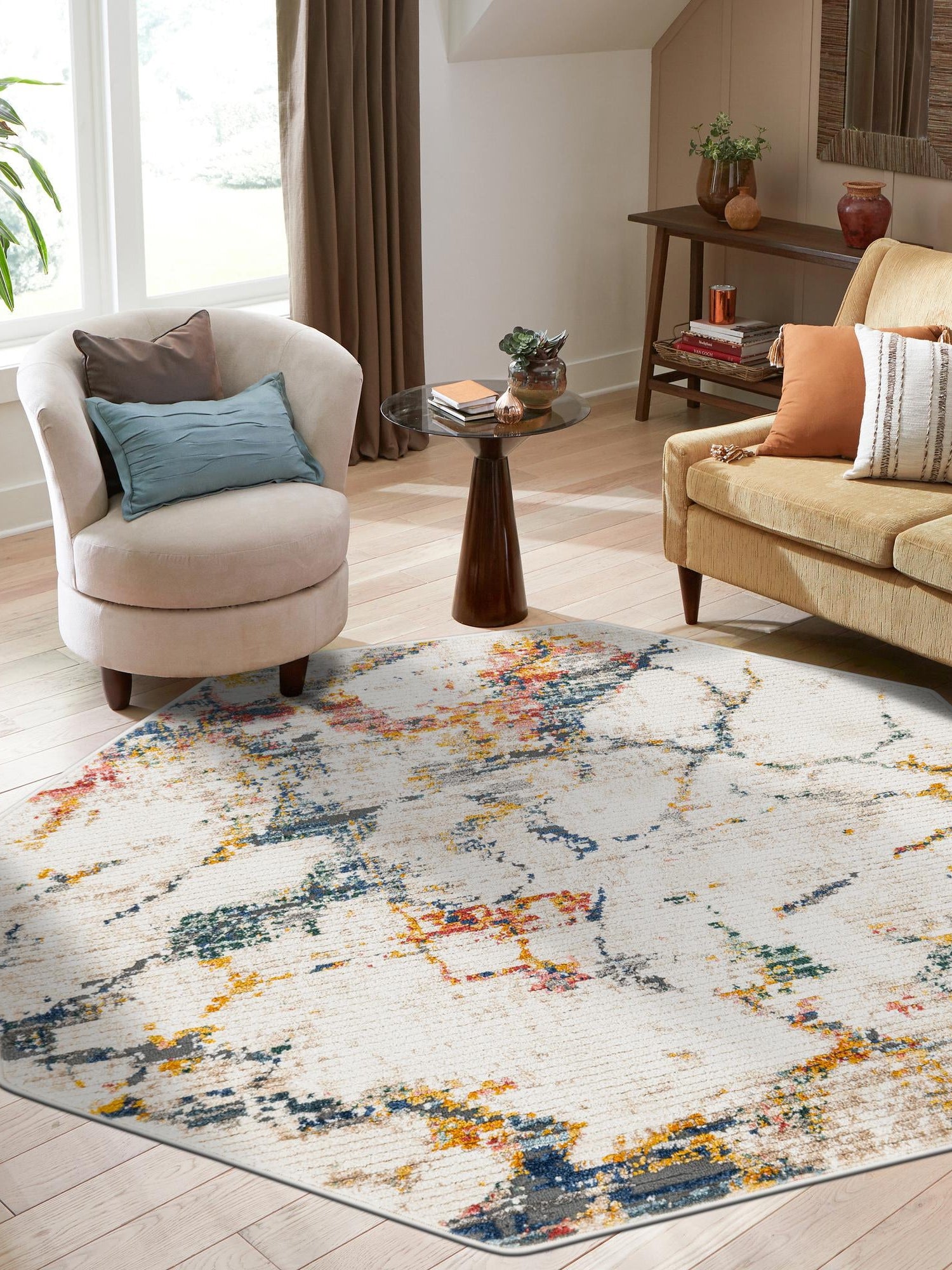 White Navy 7' 3 x 7' 3 Gemstone Octagon Area Rug Polypropylene Contemporary Carpet Easy Clean Stain Resistant for Home Design Decorating for Sale at Rug Engine