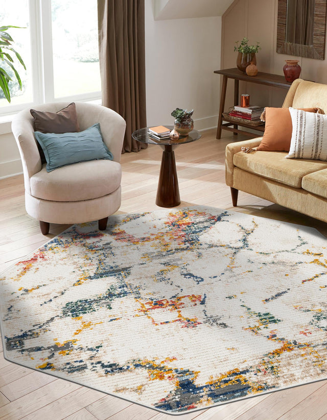 White Navy 7' 3 x 7' 3 Gemstone Octagon Area Rug Polypropylene Contemporary Carpet Easy Clean Stain Resistant for Home Design Decorating for Sale at Rug Engine