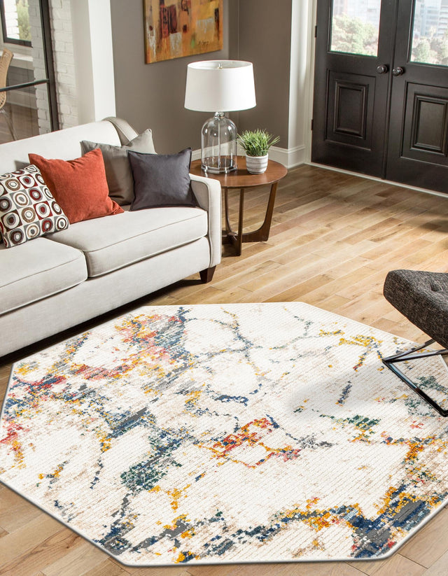White Navy 4' 1 x 4' 1 Gemstone Octagon Area Rug Polypropylene Contemporary Carpet Easy Clean Stain Resistant for Home Design Decorating for Sale at Rug Engine