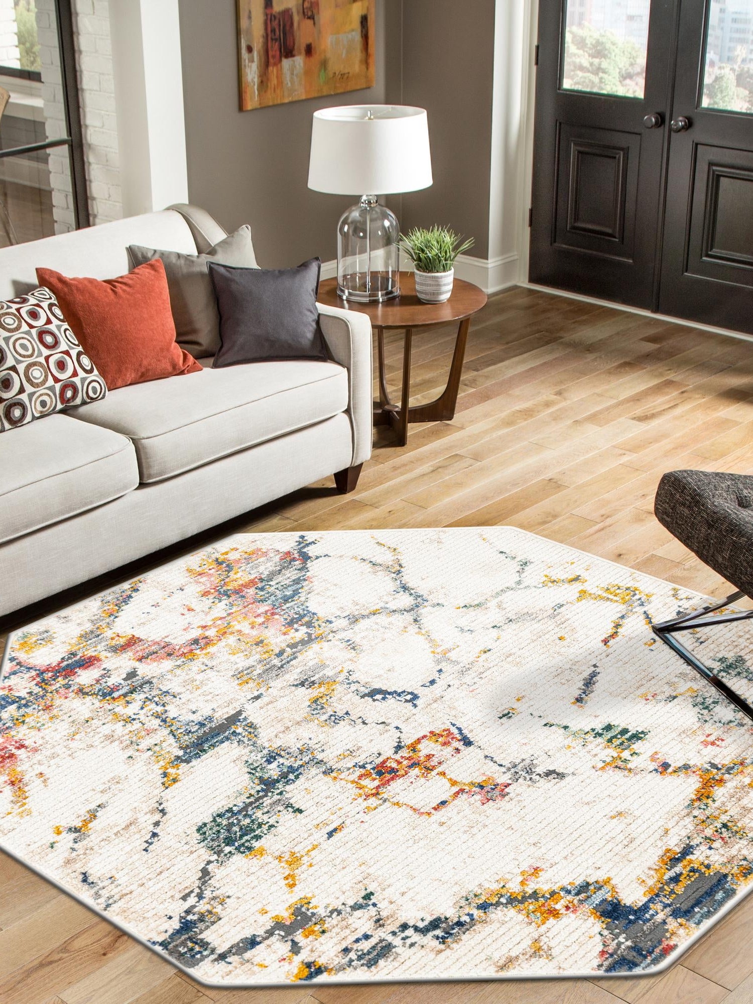 White Navy 7' 3 x 7' 3 Gemstone Octagon Area Rug Polypropylene Contemporary Carpet Easy Clean Stain Resistant for Home Design Decorating for Sale at Rug Engine