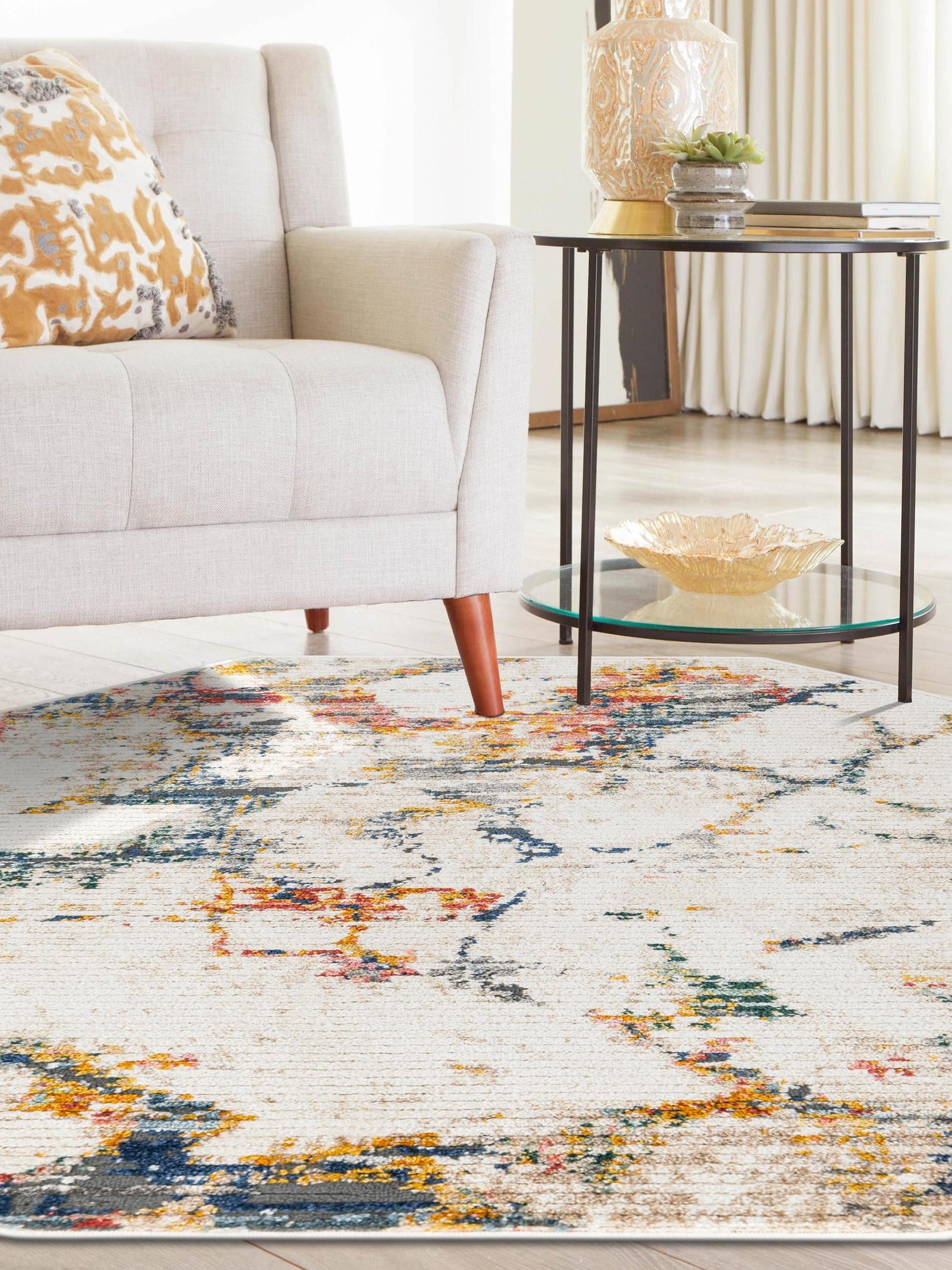 White Navy 7' 3 x 7' 3 Gemstone Octagon Area Rug Polypropylene Contemporary Carpet Easy Clean Stain Resistant for Home Design Decorating for Sale at Rug Engine