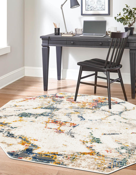 White Navy 4' 1 x 4' 1 Gemstone Octagon Area Rug Polypropylene Contemporary Carpet Easy Clean Stain Resistant for Home Design Decorating for Sale at Rug Engine