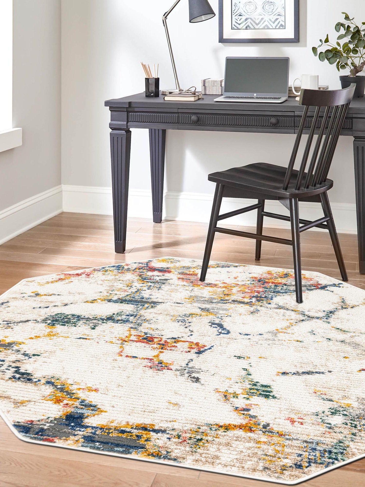 White Navy 7' 3 x 7' 3 Gemstone Octagon Area Rug Polypropylene Contemporary Carpet Easy Clean Stain Resistant for Home Design Decorating for Sale at Rug Engine