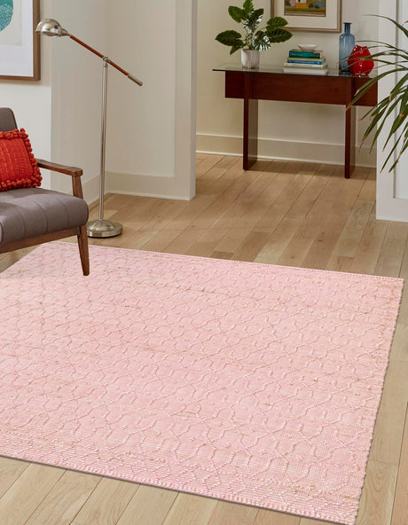 Pink 7' 10 x 7' 10 Larsa Square Area Rug 90% Jute & 10% Cotton Premium All Natural Hand Woven Carpet for Home Interior Design Spaces for Sale at Rug Engine